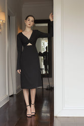 Silk Midi Dress with Long Sleeves and Front Twist Cut-Out for Modern Elegant Styling